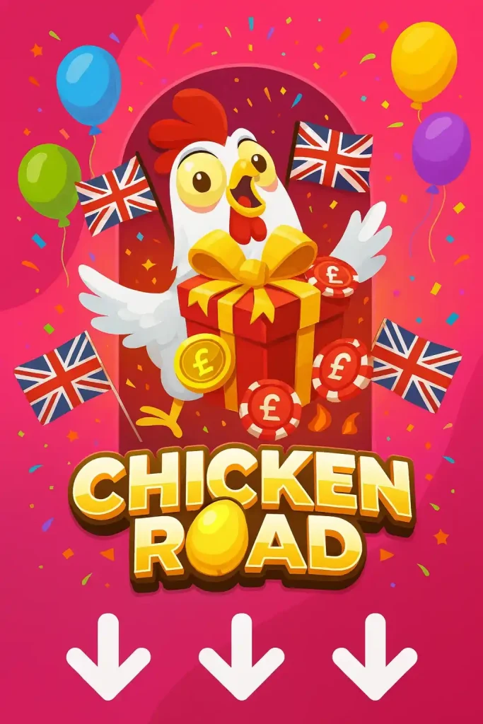 Poster rosa Chicken Road con pollo e frecce dei cartoni animati
