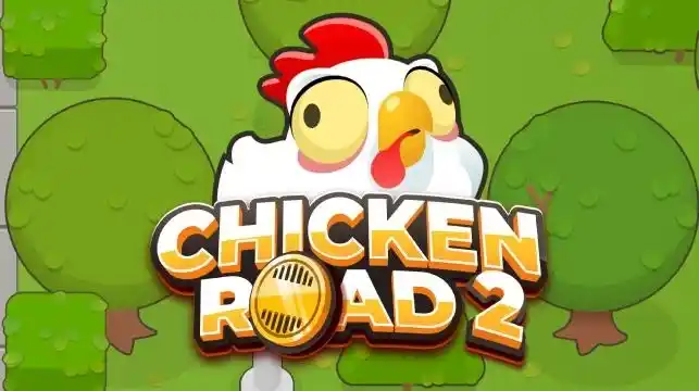 Chicken Road 2 slot logo with cartoon chicken and trees