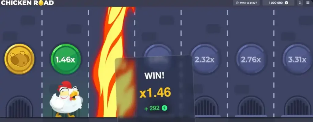 Schermata della slot Chicken Road con sfondo infuocato e monete d'oro