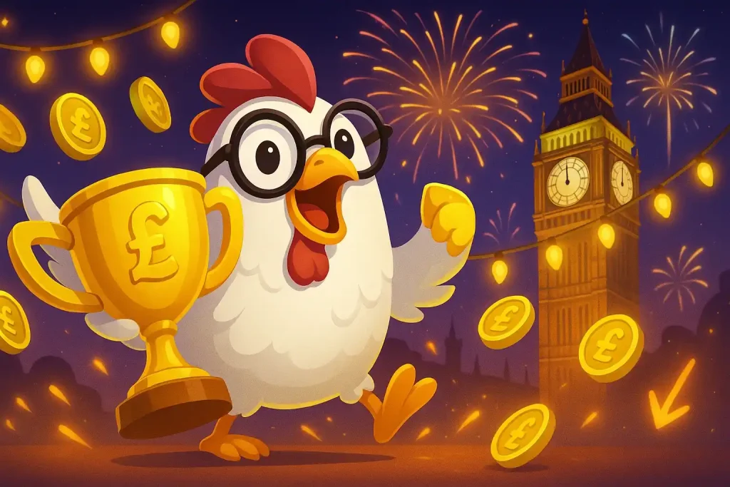Cartoon chicken dressed as dealer in Chicken Road casino
