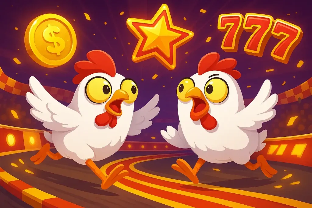 Due polli dei cartoni animati di Chicken Road in una festosa gara di casinò