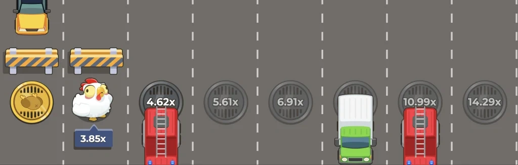 Gameplay screen Chicken Road 2 with trees background and coins