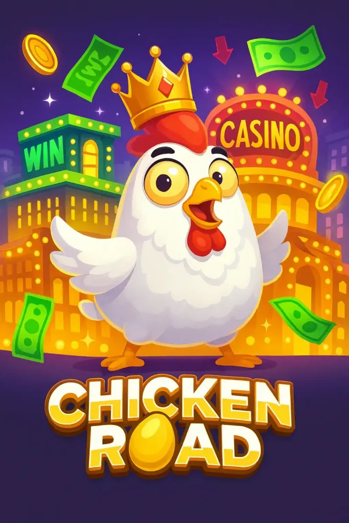Pollo in cartone animato che festeggia la vincita del jackpot in Chicken Road