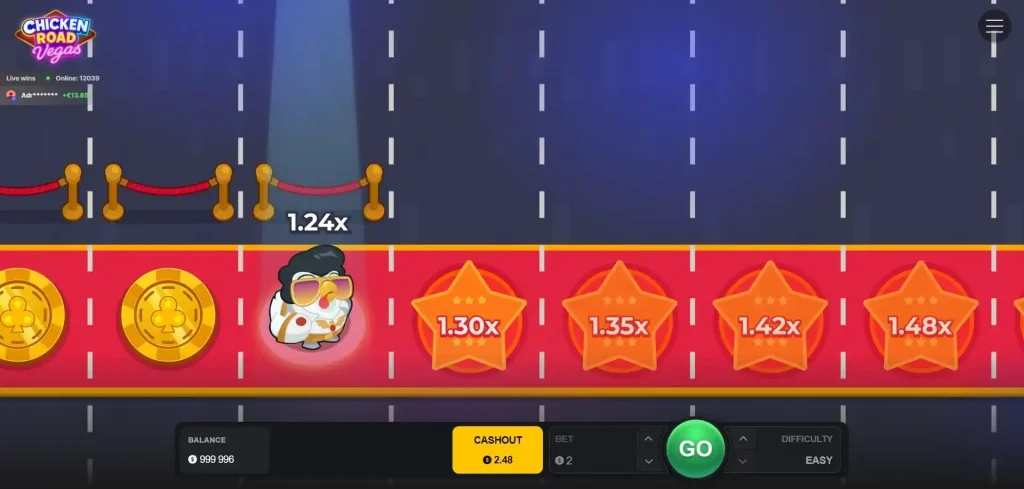 Chicken character stepping across tiles in the Vegas-themed crash game