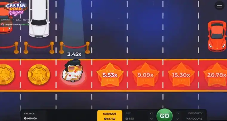 High-risk step sequence showing rising multipliers in the Chicken Road Vegas game