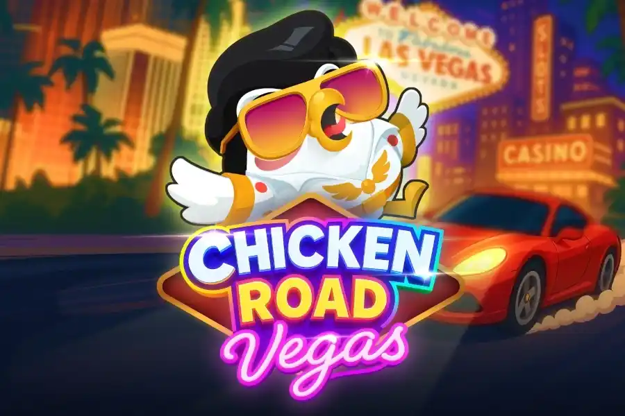 Chicken Road Vegas game cover with Elvis-style chicken and neon casino background