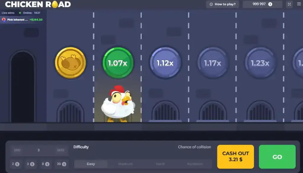 How to Win at Chicken Road showing the start of the round with an active bet and first multipliers