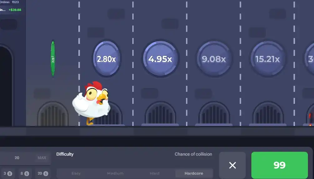 Chicken Road è una truffa? schermata di gioco con puntata attiva e moltiplicatori progressivi