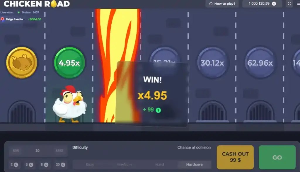 Chicken Road paga davvero? esempio di pagamento x4.95 con il pollo vicino agli ostacoli di fuoco